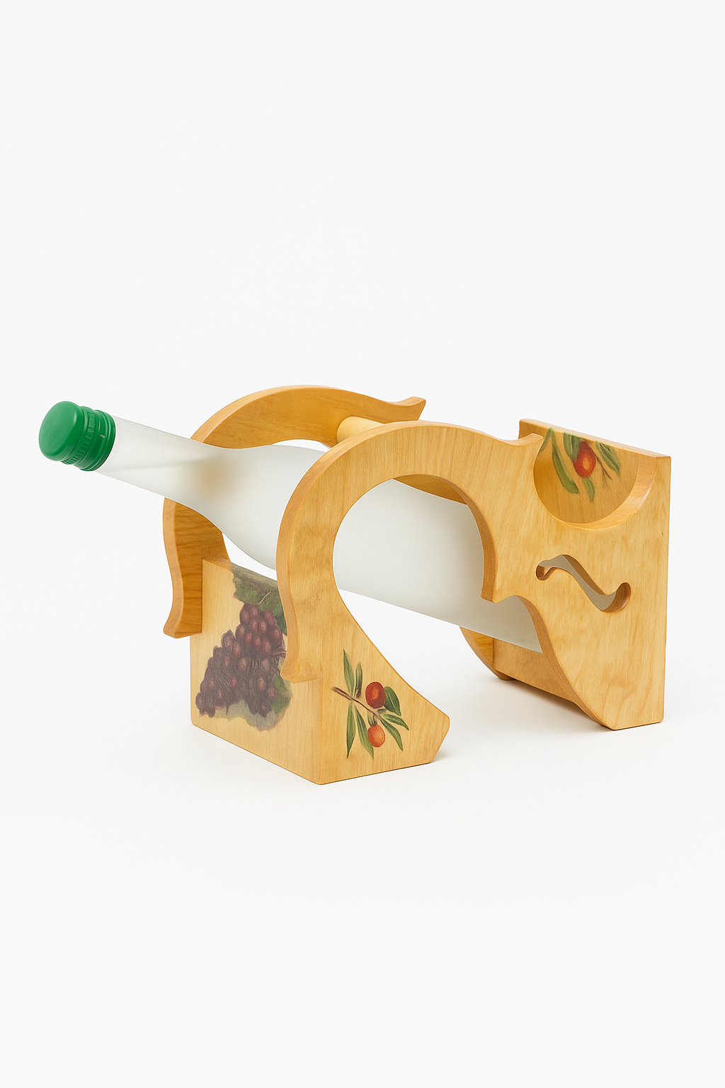 Graviruotas rankų darbo vyno butelio laikiklis – lietuviška dovana iš medžio