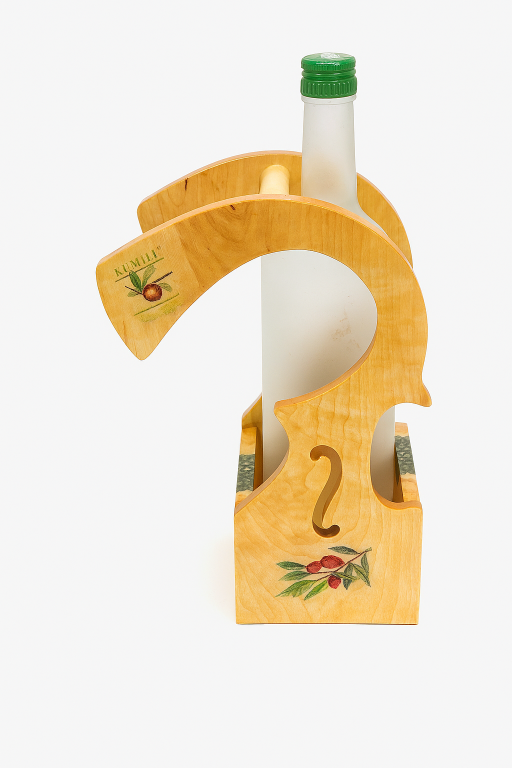 Graviruotas rankų darbo vyno butelio laikiklis – lietuviška dovana iš medžio