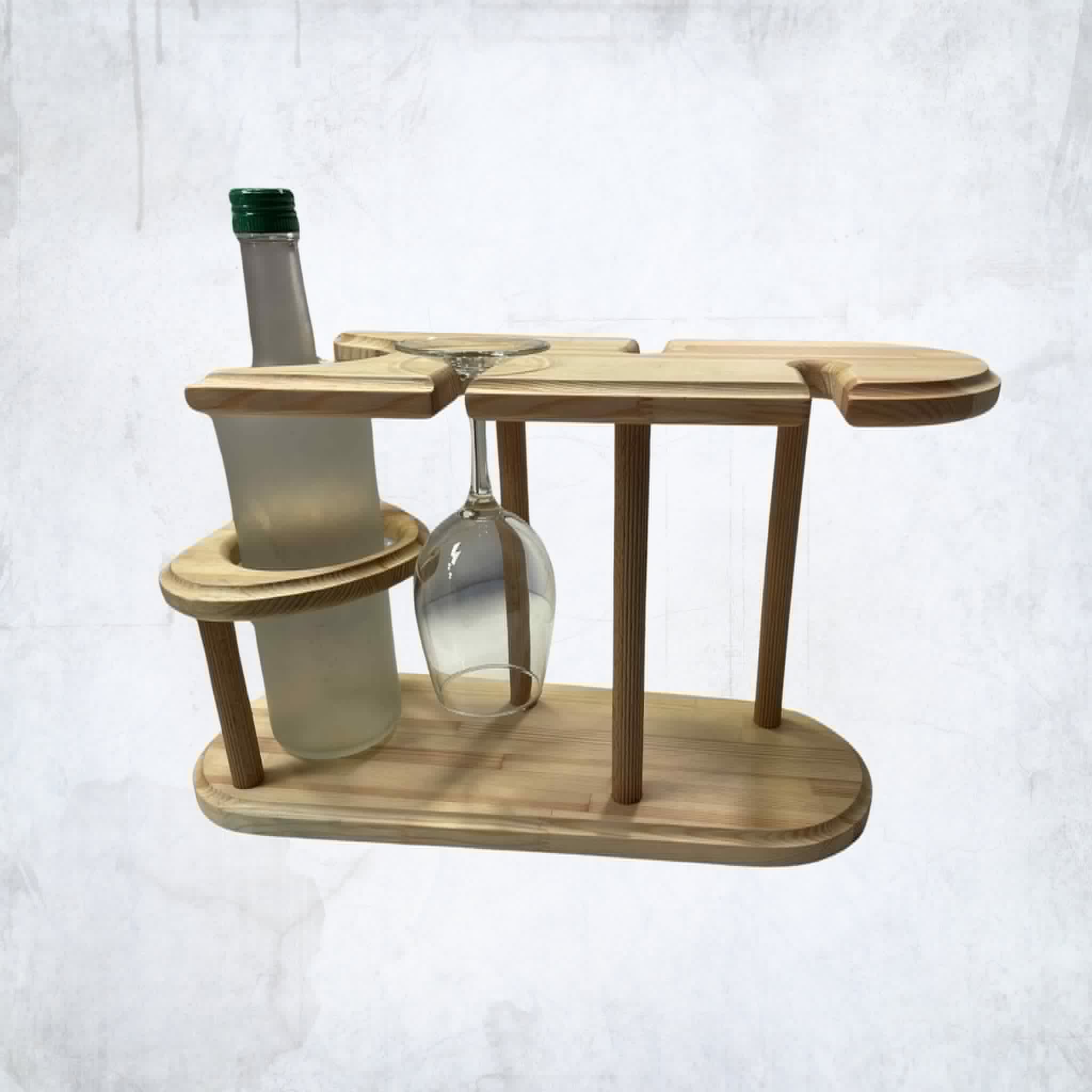 Medinis rankų darbo vyno butelio ir taurių stovas - ekologiška dovana