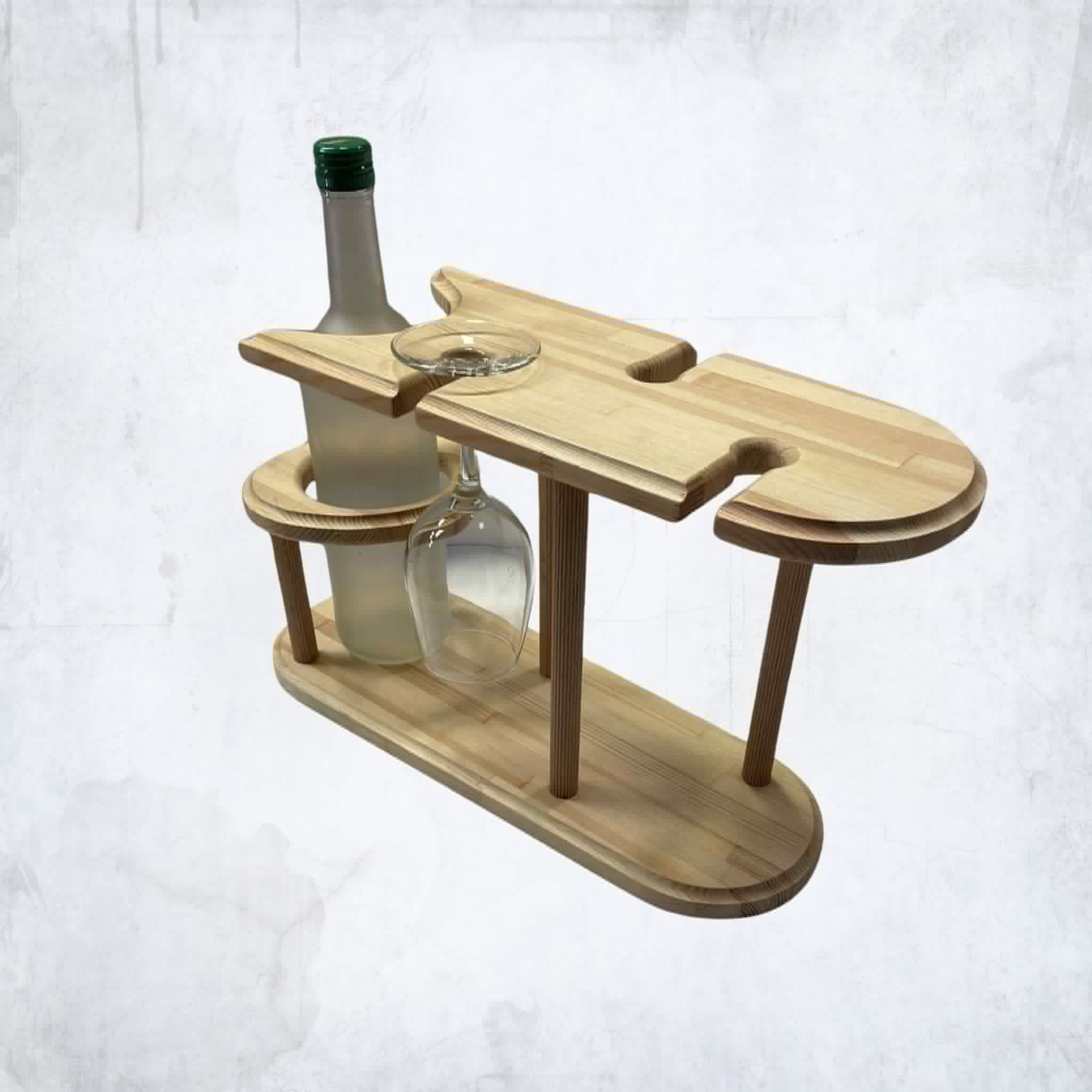 Medinis rankų darbo vyno butelio ir taurių stovas - ekologiška dovana